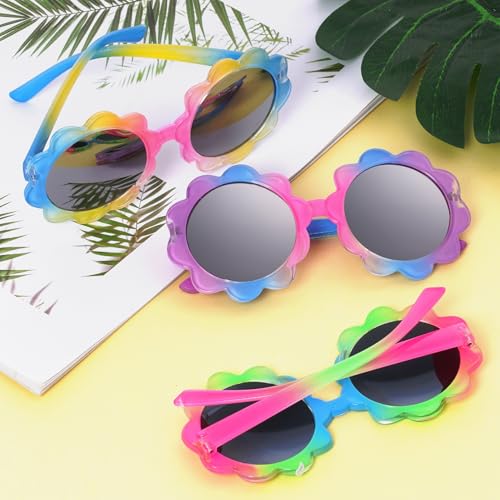 3 Pairs Kids Round Flower Sunglasses Girls Boys Cute Colorful Flower Glasses UV Protection Eyewear Outside Beach Sunglasses for Halloween Costume Accessories4