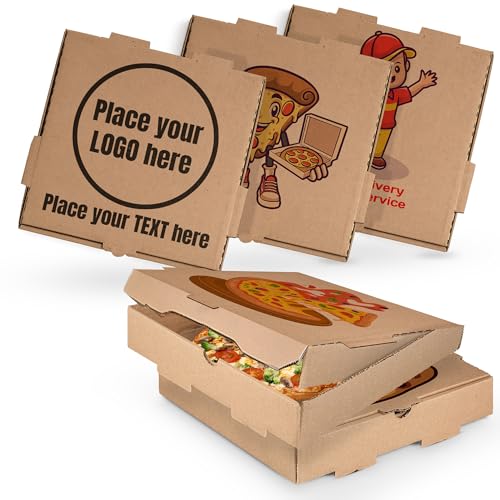 MT Products Custom Printed Kraft Pizza Boxes with logo - 10 x 10 x 1.75 Corrugated Cardboard - Pack of 5-50