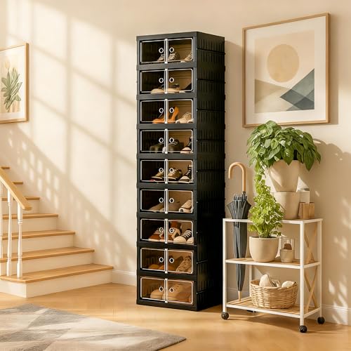 Image of Foldable Shoe Organizer Storage Box, Portable Extra Large Folding Shoe Rack for Closet, Shoe Storage Box with Magnetic Transparent Door and Wheels, 9 Layers 18 Grids