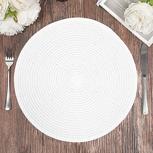 Image of SHACOS Round Braided Placemats Set of 6 Round Table Mats for Dining Table 15 inch Washable Cotton Polyester Place Mat (White, 6)