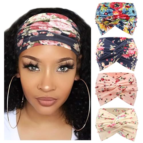 DRESHOW - DRESHOW 4 Pièces Bandeau Cheveux Femme Boho Bandeaux Vintage Fleur Imprimé Hair Bandeau Cross Noué Élastique Bande de Cheveux Accessoire