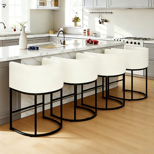 Image of 26 inch Counter Height Bar Stools Set of 4, Faux Leather Upholstered Barrel Chairs with Back and Arms, Metal Frame Kitchen Island Stools with Footrest, Cream White