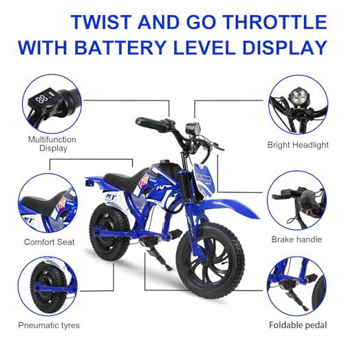 Image of Kids Electric Motorcycle, 25.2V 300W Brushless Motor & Controller, 3 Speeds (10MPH, 8 Miles), LCD, LED, Moto Sound, Twist Grip, Dual Suspension & Brakes, for 3-8 yrs, 110 LB (Blue)