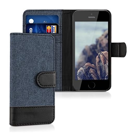 kwmobile Plånboksfodral kompatibelt med Apple iPhone SE (1.Gen 2016)/5/5S – fodral tyg och fuskläder telefon flip fodral – mörkblå/svart