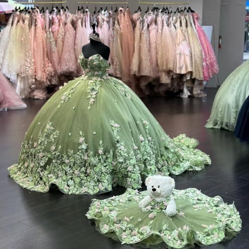 Mouccy Gorgeous Lace Beaded Quinceanera Dresses Puffy Off Shoulder Sweet 16 Dress with Train 3D Floral Prom Dress Ball Gown4