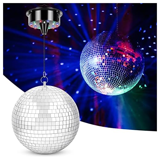 Meagoo Disco Ball with Motor and Light, 8" Hanging Mirror Ball and 6RPM Batteries Powered Rotating Motor with 4 Light Colors and 18 LEDs for Disco Party Decoration, DJ Club, Wedding, Birthday
