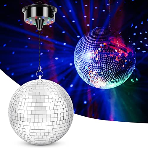 Meagoo Disco Ball with Motor and Light, 8" Hanging Mirror Ball and 6RPM Batteries Powered Rotating Motor with 4 Light Colors and 18 LEDs for Disco Party Decoration, DJ Club by Meagoo - Used condition - US$35.48