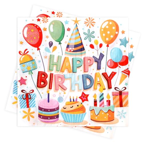 Serviette Papier Anniversaire,20 Pcs Serviettes d'anniversaire,Papier Happy Birthday-Ballons Colorés, Gâteau,Serviette pour Fête Anniversaire,pour...