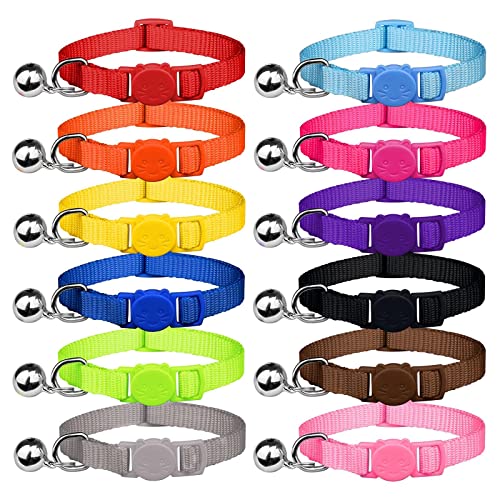 Uteuvili 12 Pcs Breakaway Cat Collars With Bell Colorful Soft Safety Buckle Cat Collars Adjustable Breakaway Kitten Collars Safety Collars For Cats, 7 In-11 In #TOP10
