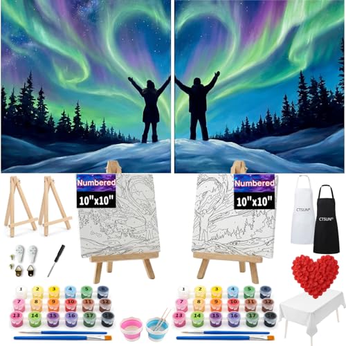 CT SUN Couples Paint by Numbers Kit for Adults - Sip and Paint Set with 2 Framed 10x10 Canvases Easels & Paints - Easy No-Experience-Needed DIY Acrylic Painting (Deluxe Edition Aurora)