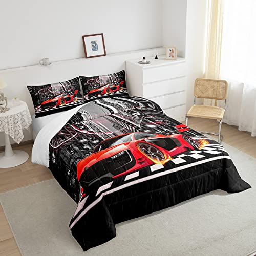 Image of Feelyou Red Race car Comforter Set Toddler Size for Girls Boys Children Racing Car Comforter Speed Sports Car Bedding Set Room Decor Extreme Sports Duvet Set Automobile Quilt Set 2Pcs