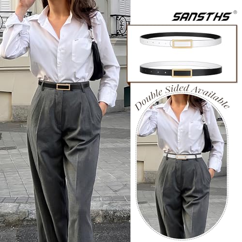SANSTHS Skinny Reversible Belts for Women, Two-in-one Women Thin Belt for Dresses Jeans Pants with Gold Buckle