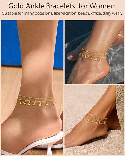 Image of ZHESHY Gold Silver Ankle Bracelets for Women 14K Gold Plated Anklets for Women Waterproof Cuban Link Heart Chain Anklets Set Non Tarnish Dainty Layered Anklet Bracelets for Women Summer Beach Jewelry