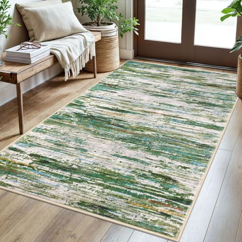 3x5 Green Grey Multi Modern Abstract Rug for Farmhouse, Super Soft Washable Rug with Non-Slip, Low-Pile Indoor Door Area Rugs for Living Room Nursery Bedroom, Carpet with Non-Shedding