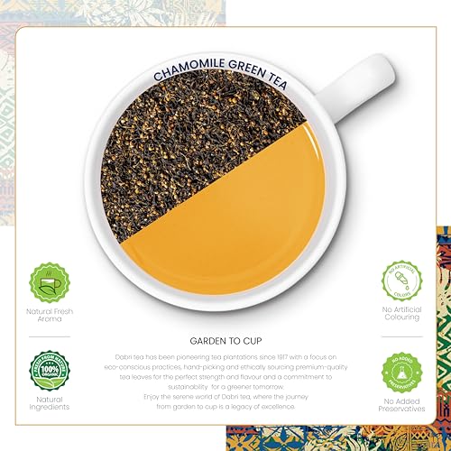 Image of Dabri Chamomile Green Tea 32 Pyramid Dip Tea Bags | Natural Whole Leaf & Chamomile Flowers | Relieves Menstrual Cramps & Stress | Aids Sleep & Digestion | Supports Glowing Skin & Strong Hair
