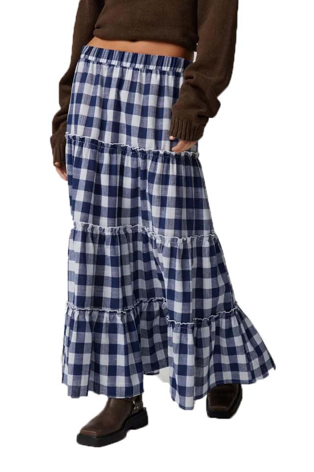 Women Summer Plaid Print Long Skirt Casual Elastic High Waist A Line Maxi Skirt Vintage Flowy Gingham Midi Skirt