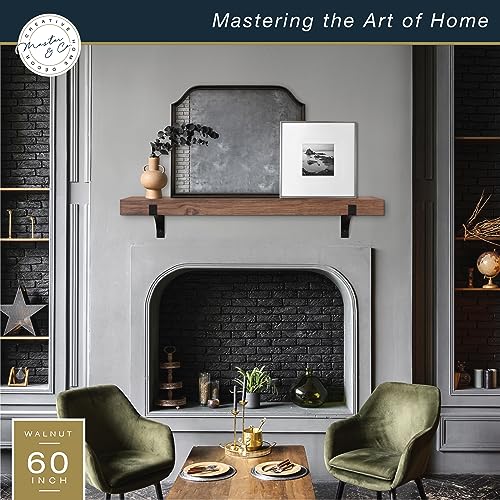 Image of Master & Co. Modern Floating Fireplace Mantel with Black Metal Brackets, Long Floating Shelves for Wall Decor, 60 inches, Walnut Woodgrain