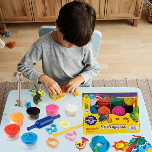 Image of Kores Kool Toolz Modelling Clay - 200 g | 8 Vibrant Shades Including 2 Neon Colors | 4 Moulds, 1 Roller & 1 Cutter | Soft, Reusable & Non-Toxic | Ideal for Kids 3+ | Perfect Return Gift & Craft Kit