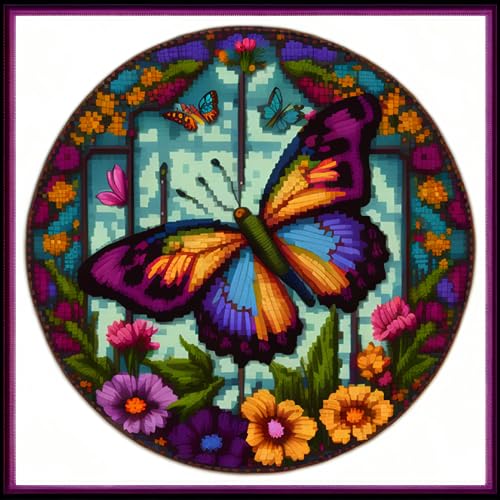 Artxfovy Stamped Cross Stitch Kits Beginners Full Range of Embroidery Starter Kits for Adults Printed Cross Stitching DIY Needlepoint Kit 11CT- Wreath Butterfly 17.7x17.7 inch