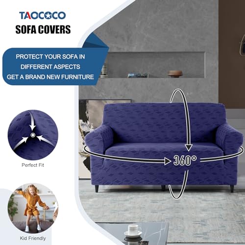 Image of TAOCOCO Loveseat Sofa Cover, 1Piece Couch Cover for 2 Cushion Sofa Washable Loveseat Slipcover with 2PCS Throw Pillow Covers, Jacquard Furniture Protector for Pets Dog(2 Seater,Dark Blue)