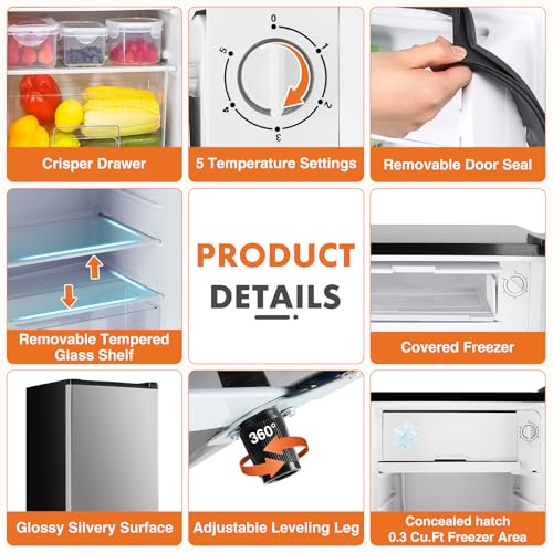 Sweetcrispy 3.2 Cu.Ft Mini Fridge with Freezer Small Refrigerator Single Door Adjustable Thermostat Energy-efficient Low Noise, Compact Fridge for Bedroom, Office, Dorm (Silver Door)