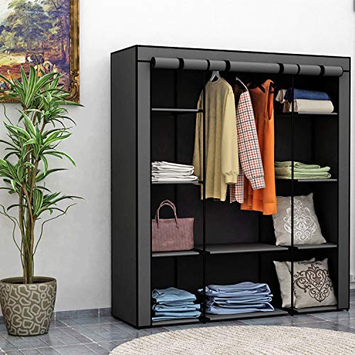Homebi Clothes Closet Portable Wardrobe Durable Clothes Storage Organizer Non-Woven Fabric Cloth Storage Shelf with Hanging Rod and 10 Shelves for Extra Storage, 59.05" W x 17.72" D x 65.4" H (Grey)