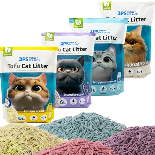 BPS Arena Aglomerante para Gatos Arena de Tofu para Gatos sin Polvo Fácil de Aglomerar Controla los Olores se Lanza en el Inodoro (1Pcs, Pack de 4 Sabor) BPS-4x1