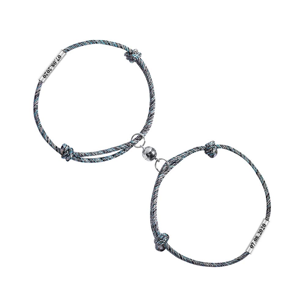 Personalized Magnetic Couple Bracelets Sterling Silver Charm Rope