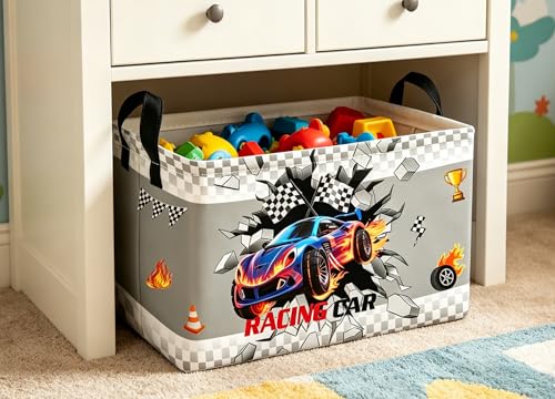 Image of Essme Rectangular Kids Baskets,Car Storage Box,Cute Basket for Kids with Handles for Room Decor, Book Bins,Shelf Basket.(Blue Car)