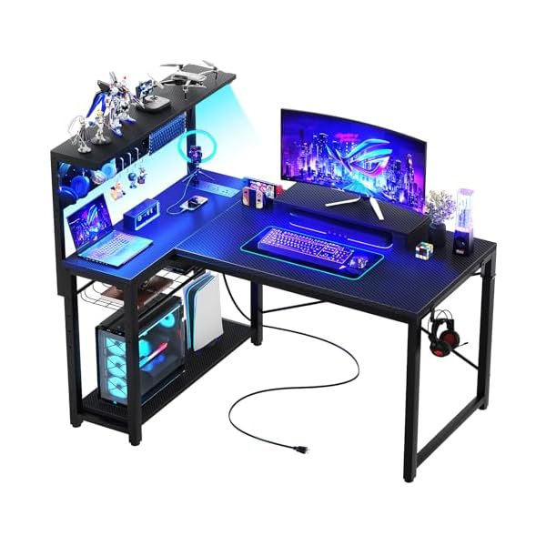 Homieasy Small Gaming Desk with Power Outlets Pegboard LED Light, 43 Inch L Shaped Computer Desk with Monitor Stand Storage Shelves, Reversible Corner Desk with Headset Hooks, Carbon Fiber Black