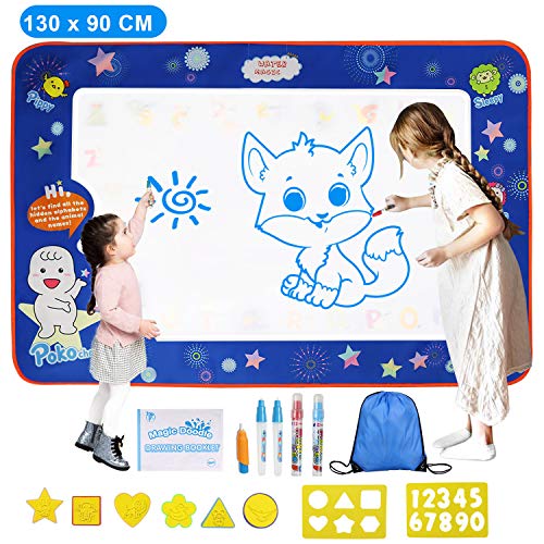 Guenx Tapis Aquadoodle, 130*90cm Dessin Enfant, 1Couleurs Tapis Aquadoodle 5 Stylos+ 8 Moules+1 Livret de Dessin+1 Sac Shopping écologique, Cadeaux Educatifs Parfaits