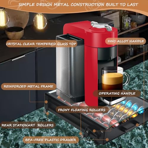 Coffee Pod Rolling Drawer Organizer with Crystal Clear Tempered Glass Topboard, Compatible for 75 Small or 50 Big Nespresso Vertuo Pods