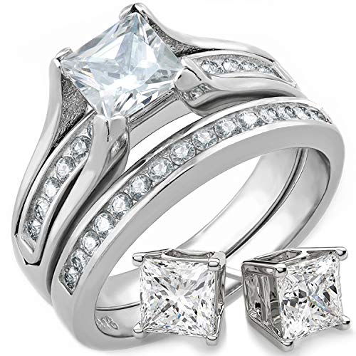 Bellux Style Wedding Rings for Women Stainless Steel Bridal Sets Wedding Rings Engagement Wedding Jewelry 1 Carat Princess Cut Cubic Zirconia and Matching Sterling Silver Stud Earrings (Size 7)