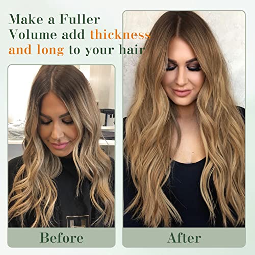 Image of Benehair One Piece Hair Extensions Clip in Human Hair Highlighted Strawberry Blonde Double Weft Straight Remy 8inch 5 Clips