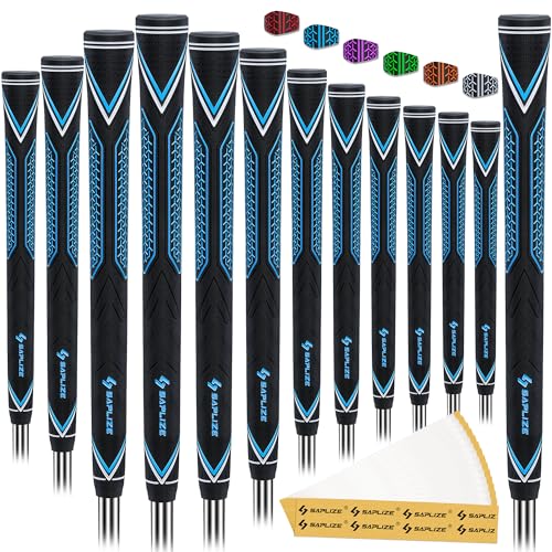 SAPLIZE High-Performance Rubber Golf Grips 13 Pack, High Shock Absorption, Non-Slip, Choose from 13 Grips with 15 Tapes or 13 Grips with All Kits, Available in Standard/Mid/Jumbo Sizes, CC10 Series