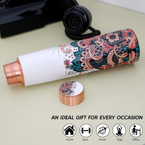 Image of 100% Pure Copper Floral Print Designer Water Bottle with Ayurvedic Benefits Rustproof & Leakproof Copper Bottle for Home School Gym Travel Bottle Drinkware & Storage Purpose 900 ml