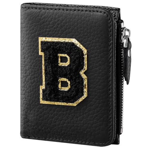 Ini-tial Small Women Wallet Genuine Leather RFID Blocking Bifold Card Holder Ladies Mini Purse with Shiny Gold Border