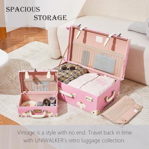 Image of UNIWALKER Vintage Luggage Set of 3, Retro Spinner Trunk with Combo Lock for Women, Cute Designer Travel Suitcase Set with Train Case, 26 inch+20 inch+12 inch, Rose Pink
