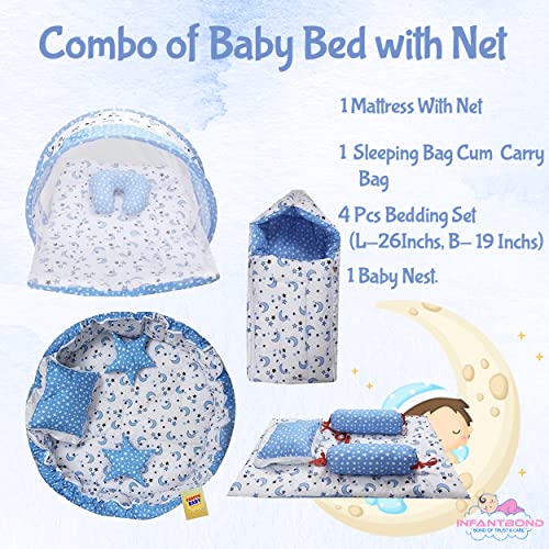Image of Infantbond Designer Mattress with Net | Baby Sleeping Bag | 4 Pcs Bedding | 1 Nest(0-6 Months) (Moon Blue)