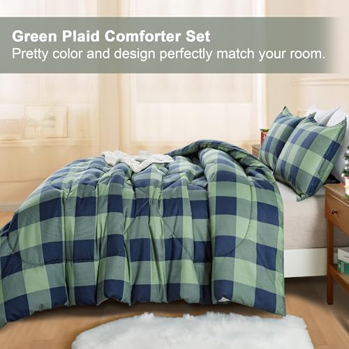 Image of Andency Green Plaid Comforter Full(79x90Inch), 3 Pieces (1 Comforter, 2 Pillowcases) Buffalo Checkered Gingham Bed Set, Soft Geometric Bedding for Boys
