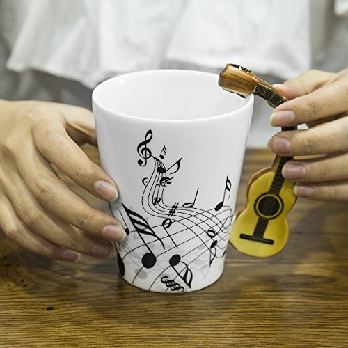 LanHong - 13.5 oz Musical Notes Design Guitar Mug Drink Tea Milk Coffee Mug Music Ceramic Cup Gift for Friend (Wood)