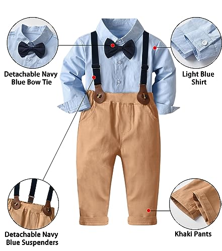 Image of SANGTREE Boys Gentleman Clothes Set, Short Sleeve Shirt with Bowtie + Suspender Pants Outfit, 3 Months - 6 Years
