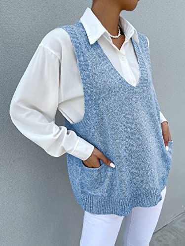 Romwe Women's Oversized Sweater Vest V Neck Dual Pocket Side Sleeveless Marled Knit Sweater Vest Pullovers Blue L #TOP3