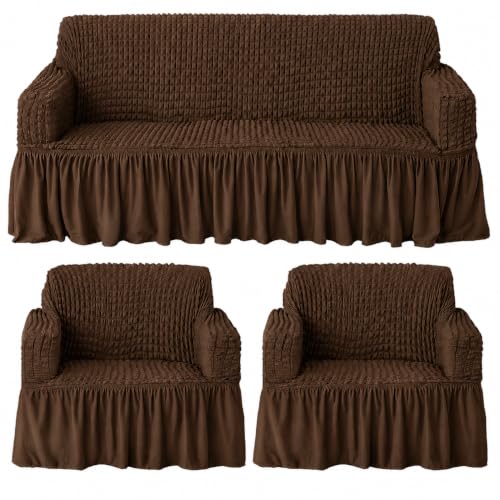 Image of Turkish Bubble Sofa Cover 3 Seater and 2 Seater | Fully Covered 5 Seater Sofa Cover Non-Slip Sticky Elastic Stretchable Imported Slipcover Protector (3+1+1 Seater Brown)