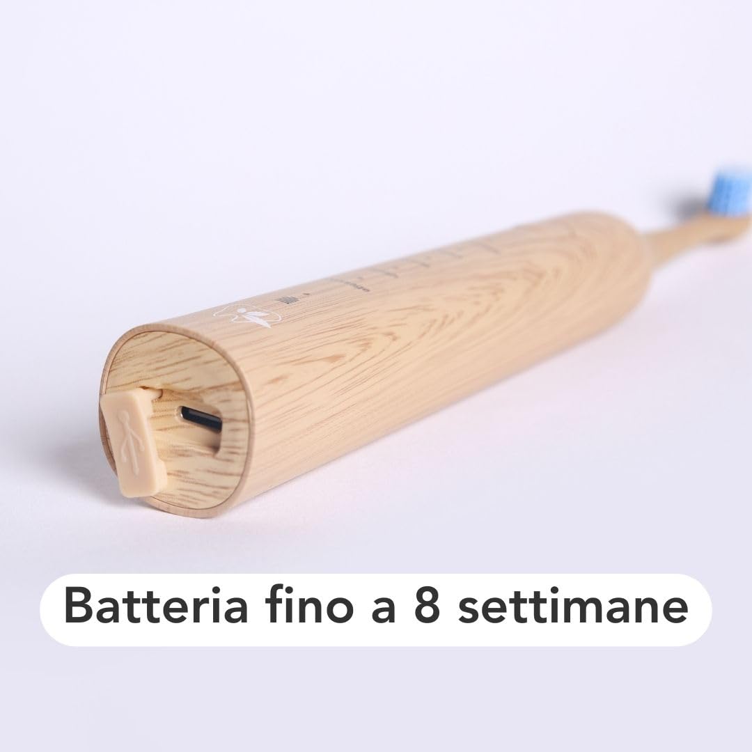 Spazzolino sonico LULA: rimozione efficiente della placca e pulizia delicata. Include 2 testine intercambiabili in bambù sostenibili, funzione di ricarica rapida con USB-C fino a 8 settimane di durata