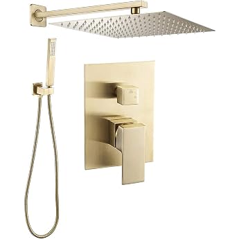 VALAZ Flush-Mounted Shower Fitting Brushed Gold | Shower System with Rain Shower Rain Effect | 2-Way Single Lever Shower, Sta