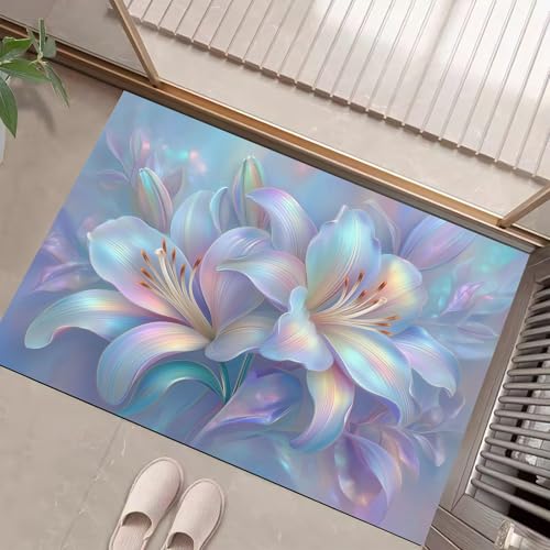Paillasson d'entrée fleurs 3D bleu-violet tapis absorbant antidérapant de 60x90cm