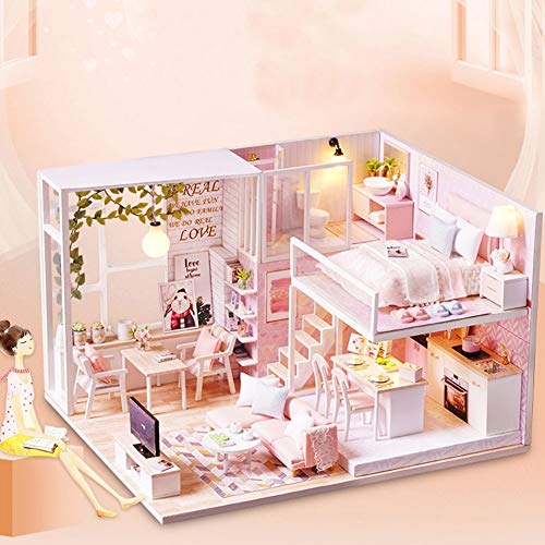 Puppenhaus Miniatur mit Möbeln, Maßstab 1: 24 Wooded DIY Puppenhaus Kit Pink Sweet Cute Modern Loft Modell Romantische Kunstwerk Lernspielzeug Geburtstagsgeschenk für Mädchen – Bild 4