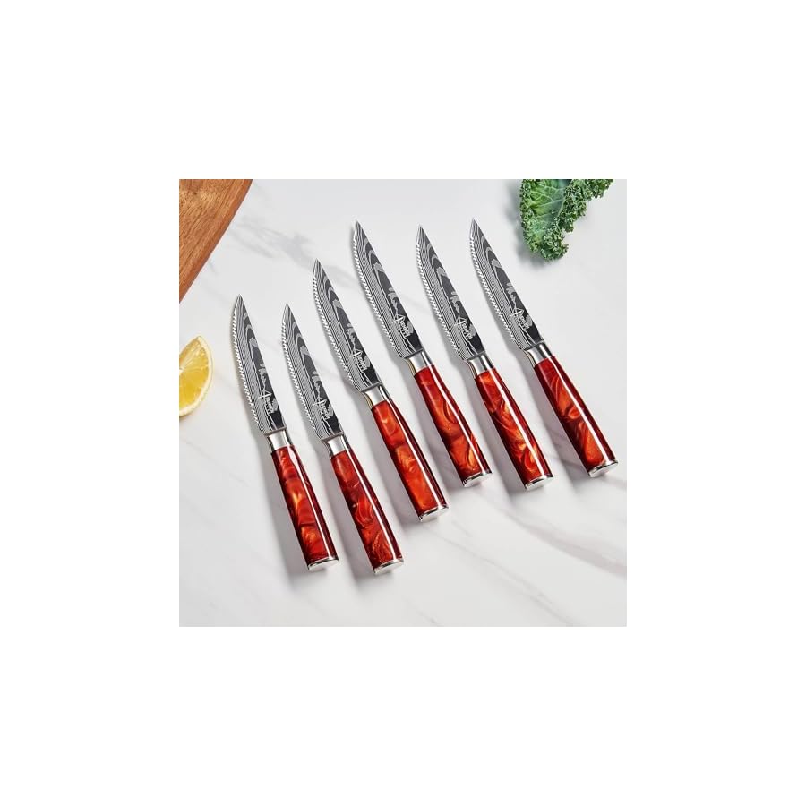 SENKEN Professional Steak Knife Set with Engraved Damascus Pattern, Razor Sharp Blade, High Carbon Stainless Steel with Beautiful Gift Box, Blue & Red Resin Handles