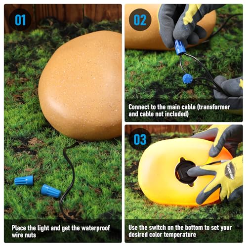 Image of LEONLITE 5CCT Low Voltage Pebble Shape Lights Outdoor 3Pcs Yellow